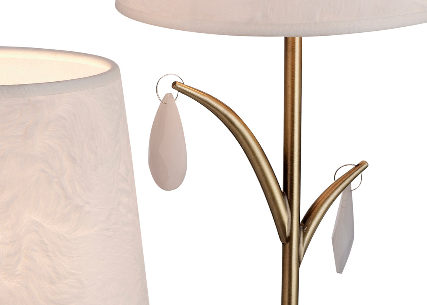 Andrea Table Lamp 63cm, 2 x E14 (Max 20W), Antique Brass, White Shades, White Crystal Droplets by Mantra