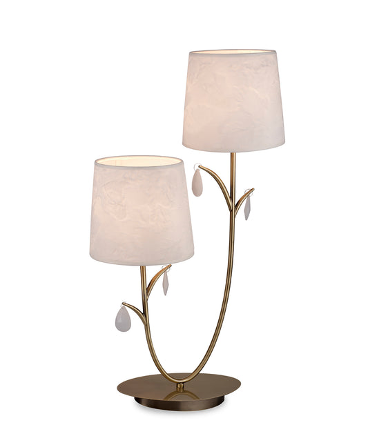 Andrea Table Lamp 63cm, 2 x E14 (Max 20W), Antique Brass, White Shades, White Crystal Droplets by Mantra