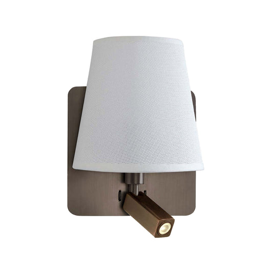 Bahia Wall Lamp With Large Back Plate 1 Light E27 + Reading Light 3W LED With White Shade Bronze 4000K, 200lm, 3yrs Warranty by Mantra