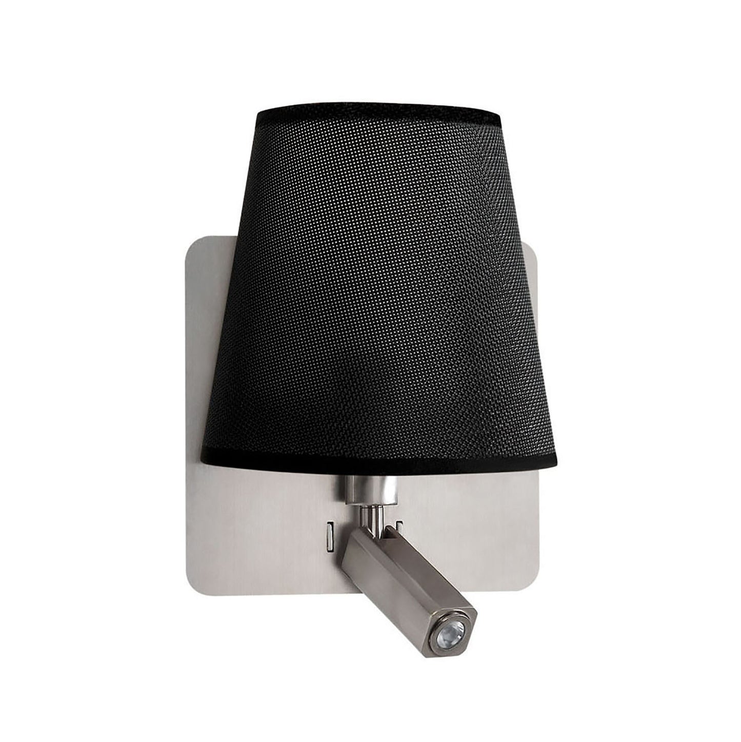 Bahia Wall Lamp With Large Back Plate 1 Light E27 + Reading Light 3W LED With Black Shade Satin Nickel 4000K, 200lm, 3yrs Warranty by Mantra