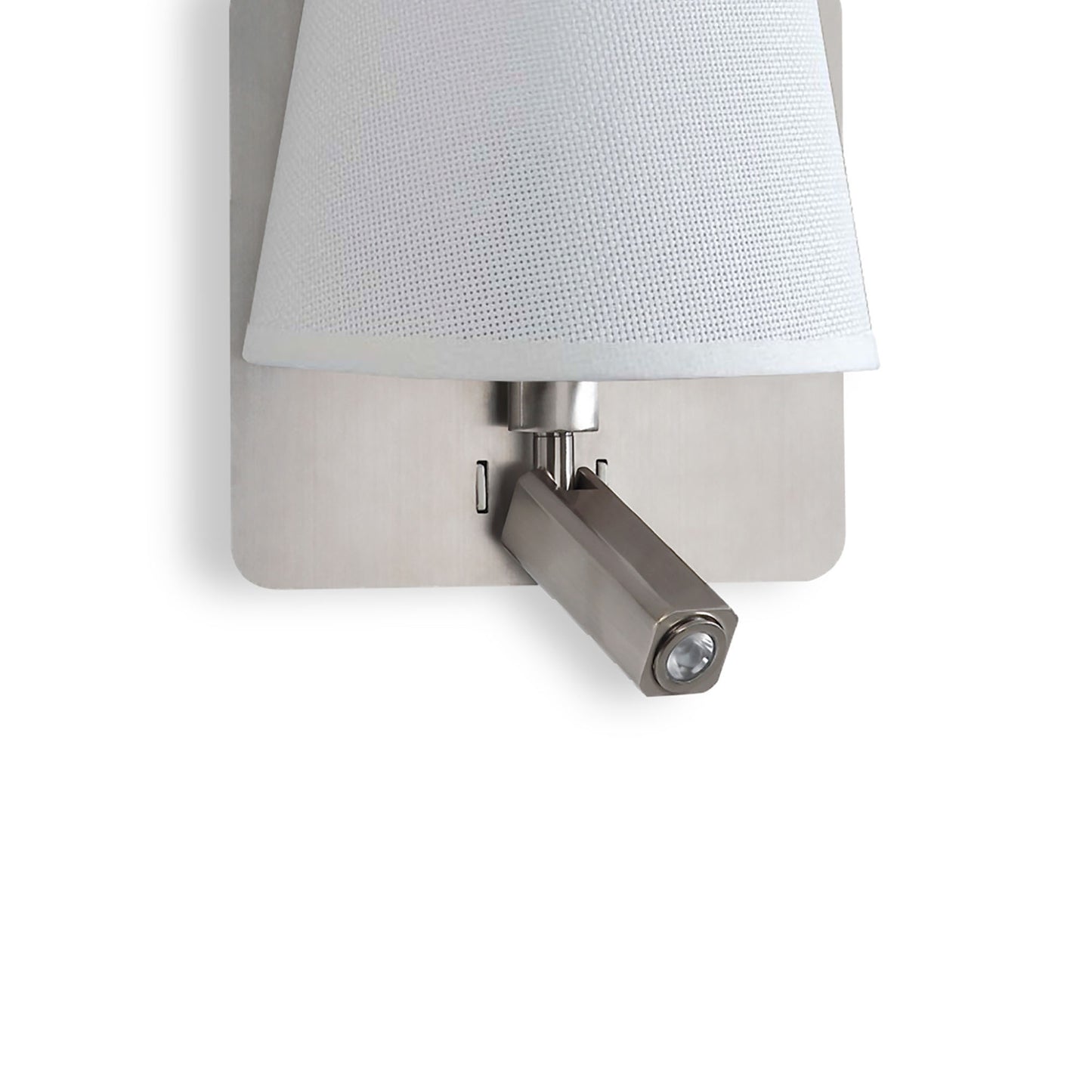 Bahia Wall Lamp With Large Back Plate 1 Light E27 + Reading Light 3W LED With White Shade Satin Nickel 4000K, 200lm, 3yrs Warranty by Mantra