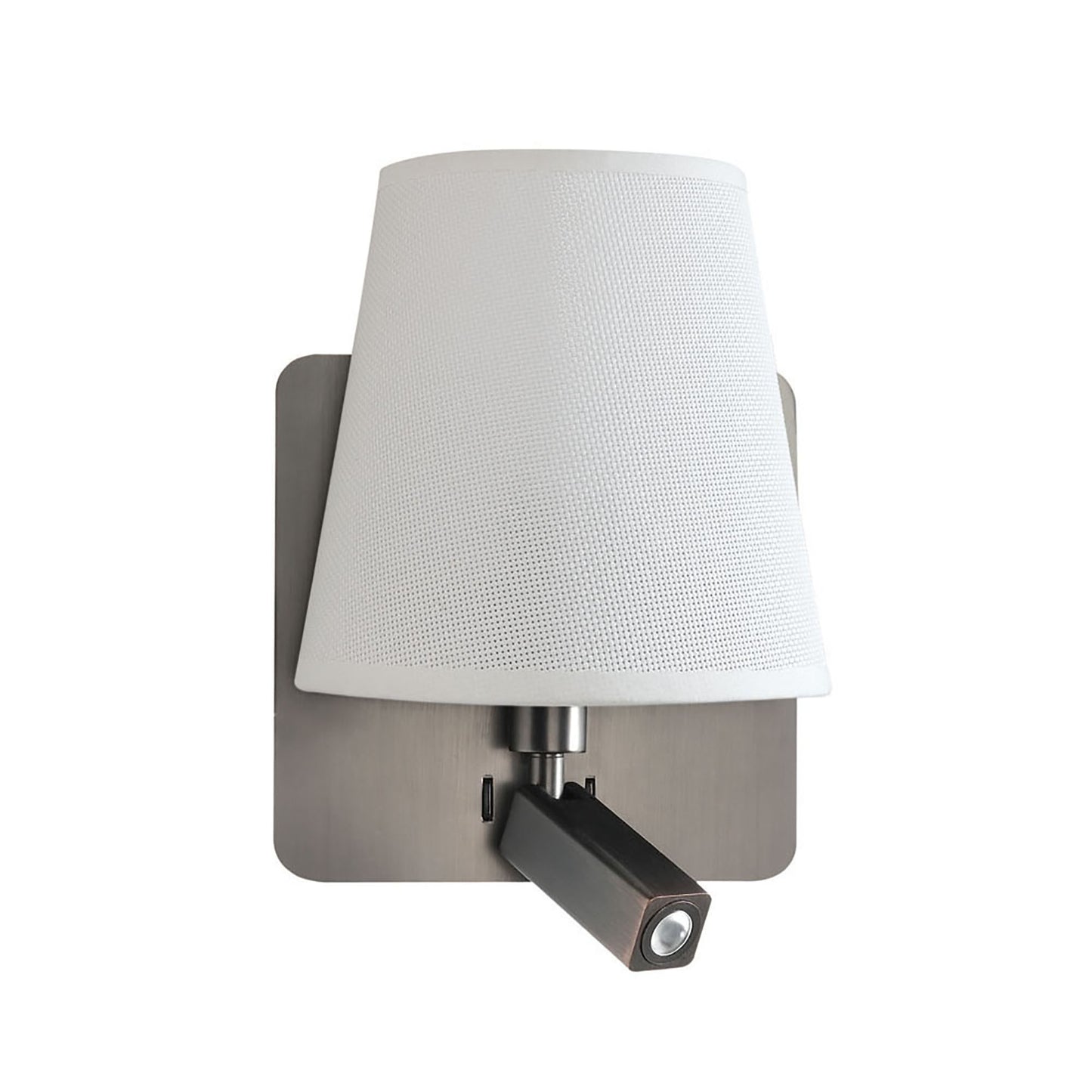 Bahia Wall Lamp With Large Back Plate 1 Light E27 + Reading Light 3W LED With White Shade Satin Nickel 4000K, 200lm, 3yrs Warranty by Mantra