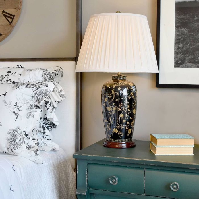 Black Birds 1 Light Table Lamp - Black and Gold with Cream Shade