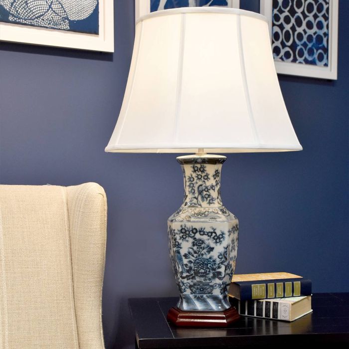 Blue Hex 1 Light Table Lamp - Blue and White with White Shade