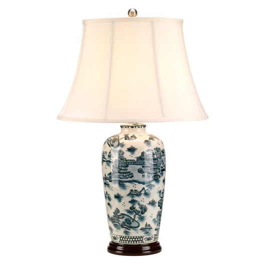 Blue Traditional 1 Light Table Lamp - Blue and White with Cream Shade