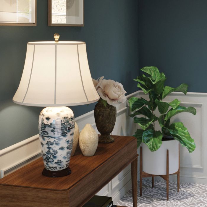 Blue Traditional 1 Light Table Lamp - Blue and White with Cream Shade