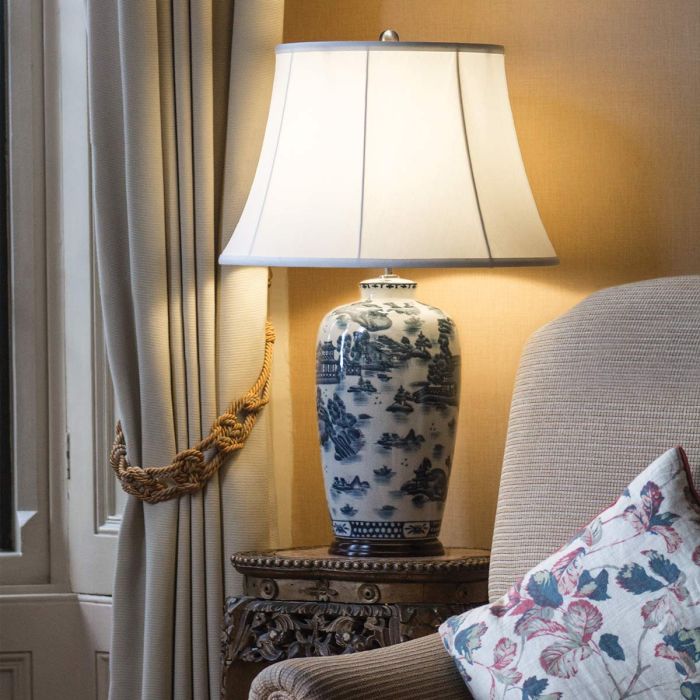 Blue Traditional 1 Light Table Lamp - Blue and White with Cream Shade