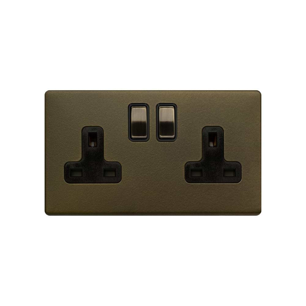 The Eton Collection Bronze 13A 2 Gang Switched Socket, DP Black Inserts Screwless