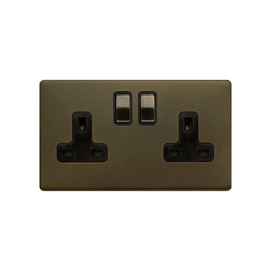 The Eton Collection Bronze 13A 2 Gang Switched Socket, DP Black Inserts Screwless