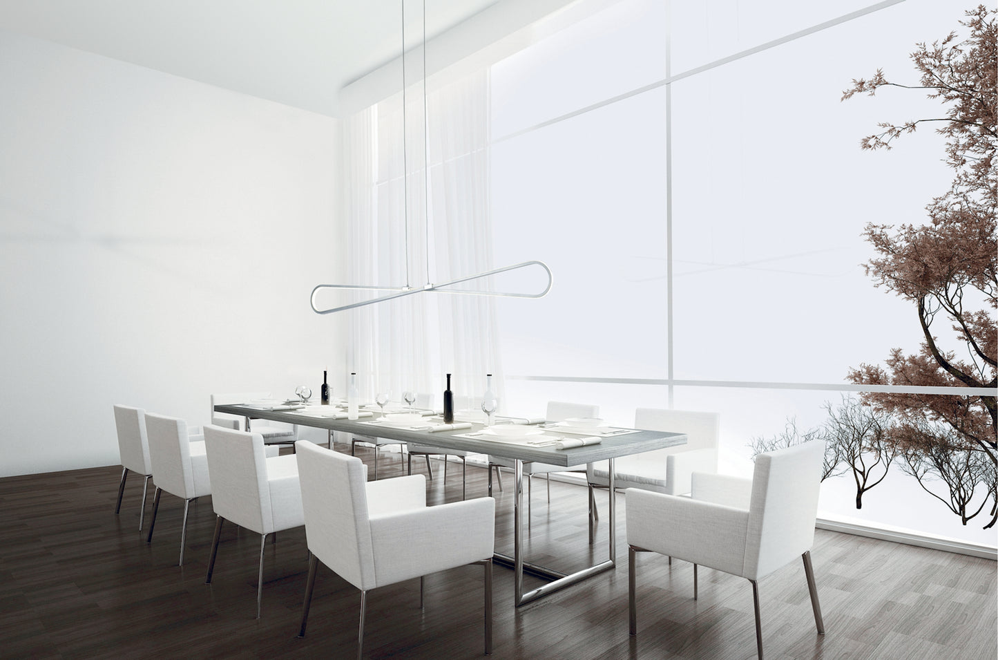 Bucle Linear Pendant 42W LED 3000K, 3650lm, SIlver, Polished Chrome, Frosted Acrylic, 3yrs Warranty by Mantra