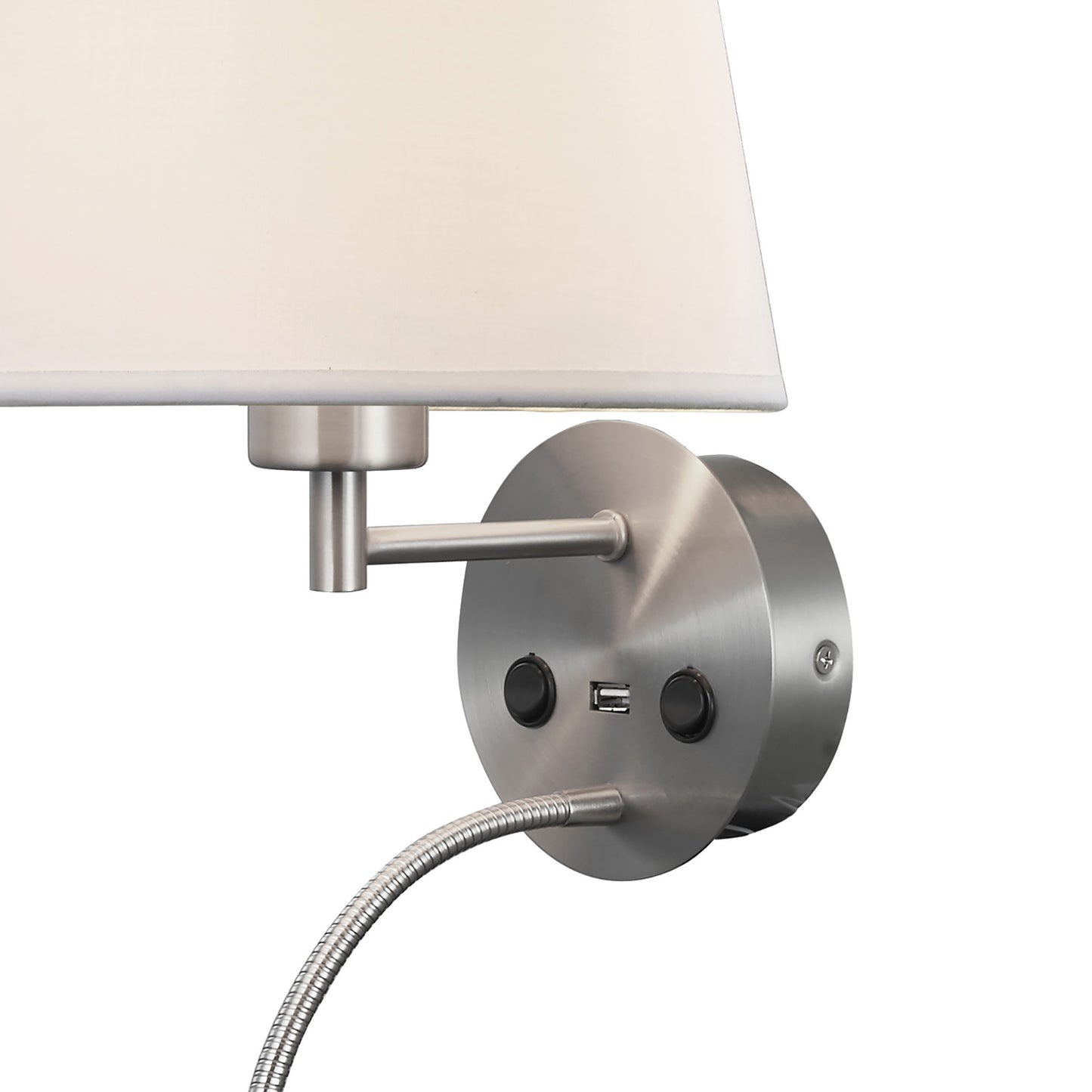 Caicos Wall + Reading Light with USB Charger, 1 x E27 (Max 20W) + 3W LED, 3000K, 210lm LED, Individually Switched, Satin Nickel, 3yrs Warranty by Mantra