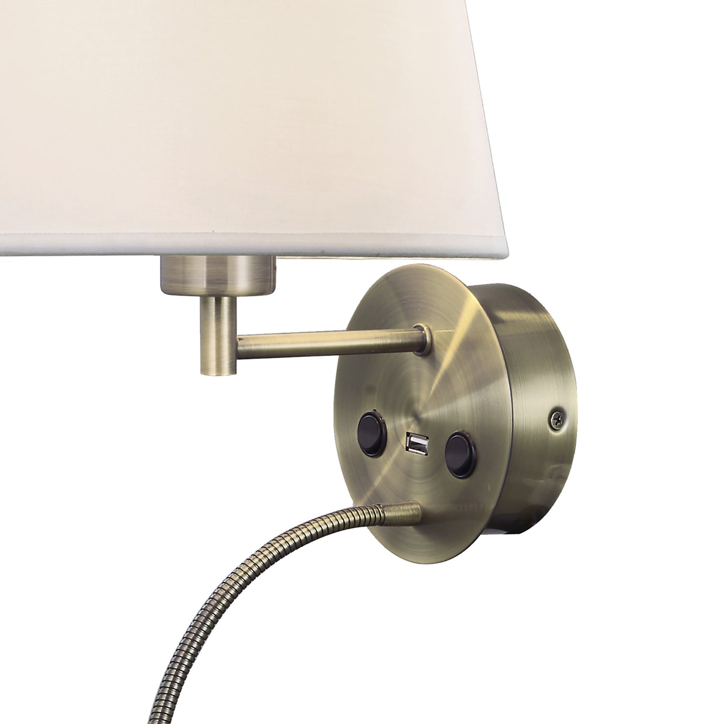 Caicos Wall + Reading Light with USB Charger, 1 x E27 (Max 20W) + 3W LED, 3000K, 210lm LED, Individually Switched, Antique Brass, 3yrs Warranty by Mantra