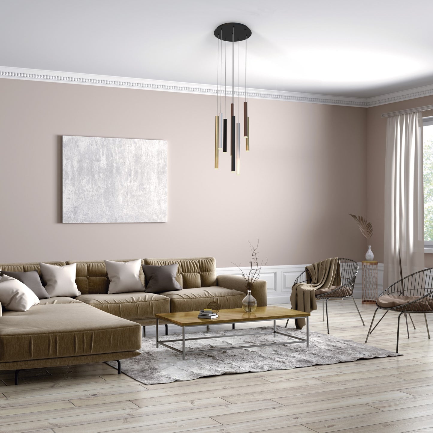 Cala Round 14 Light Pendant, 84W LED, 3000K, 5880lm, Sand White/Sand Black/Gold/Rust Brown, 3yrs Warranty by Mantra