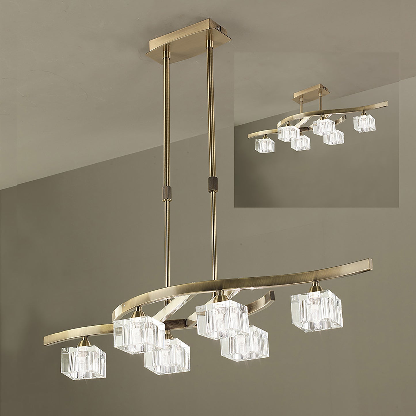 Cuadrax Rectangular Telescopic Semi Flush 6 Light G9, Antique Brass by Mantra