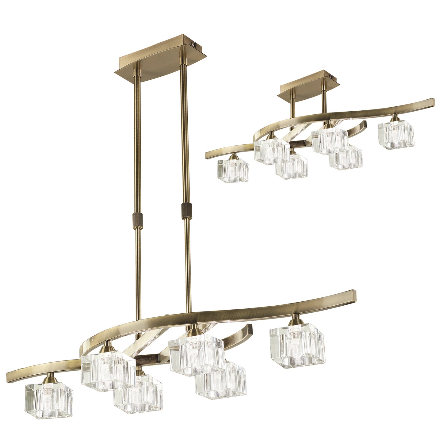 Cuadrax Rectangular Telescopic Semi Flush 6 Light G9, Antique Brass by Mantra