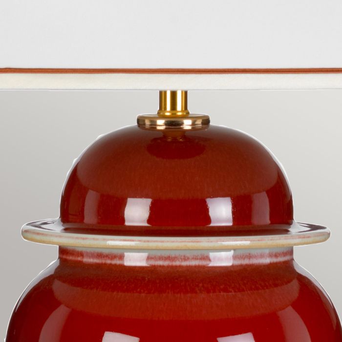 Oxblood Temple Jar 1 Light Table Lamp with Tall Empire Shade - Oxblood with Off-White with Ivory and Gold Trim Shade
