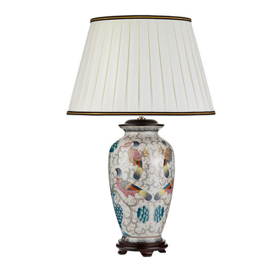 Ping 1 Light Table Lamp - Cream with coloured birds with Ivory with Black and Gold trim Shade