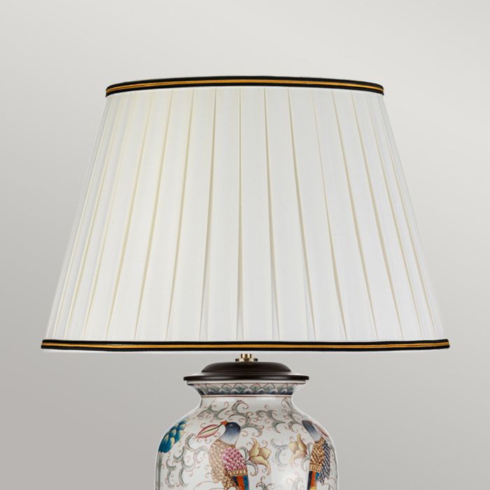 Ping 1 Light Table Lamp - Cream with coloured birds with Ivory with Black and Gold trim Shade