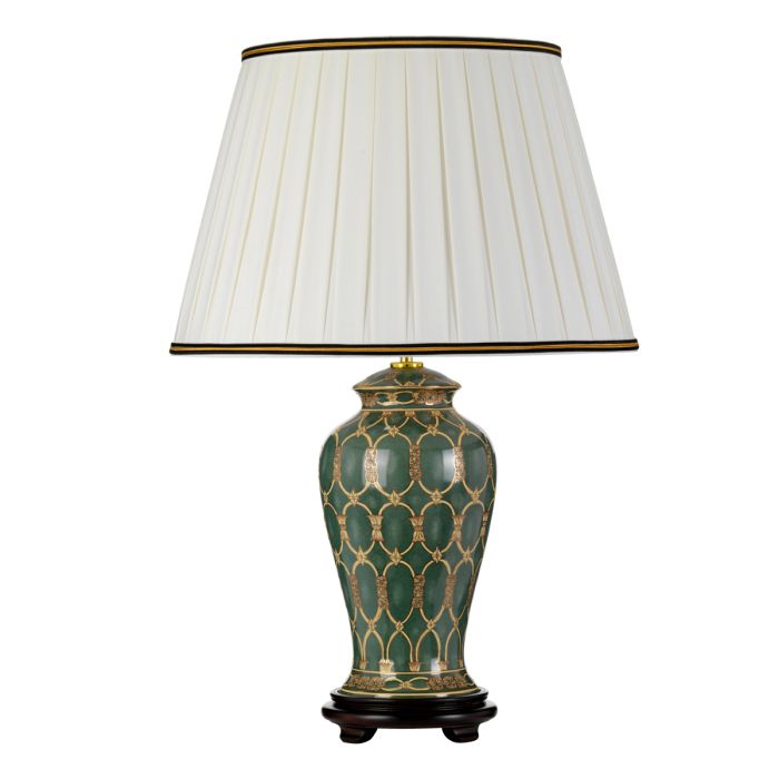 Sashi 1 Light Table Lamp With Tall Empire Shade - Green with Gold and Brown with Ivory with Black and Gold trim Shade