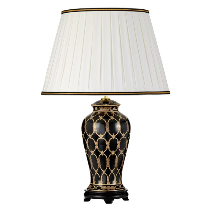 Taipei 1 Light Table Lamp with Tall Empire Shade - Black and Gold with Ivory with Black and Gold Trim Shade