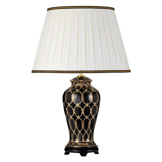 Taipei 1 Light Table Lamp with Tall Empire Shade - Black and Gold with Ivory with Black and Gold Trim Shade