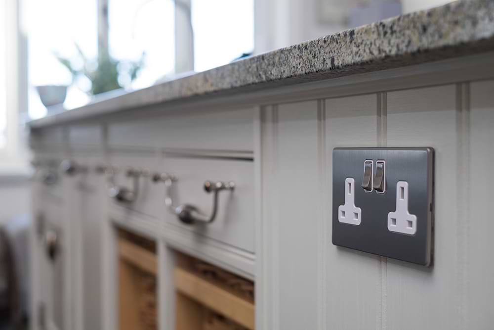 The Lombard Collection Brushed Chrome 2 Gang Double Pole Socket White Insert Screwless 13A