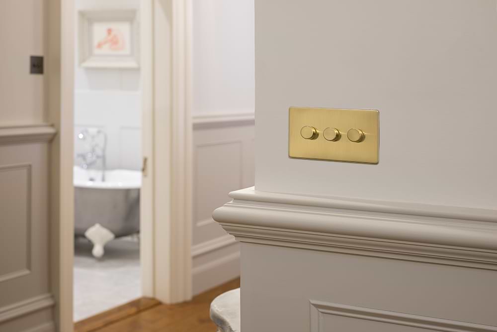 The Savoy Collection Brushed Brass 3 Gang 2 -Way Intelligent Dimmer 150W LED (300w Halogen/Incandescent)