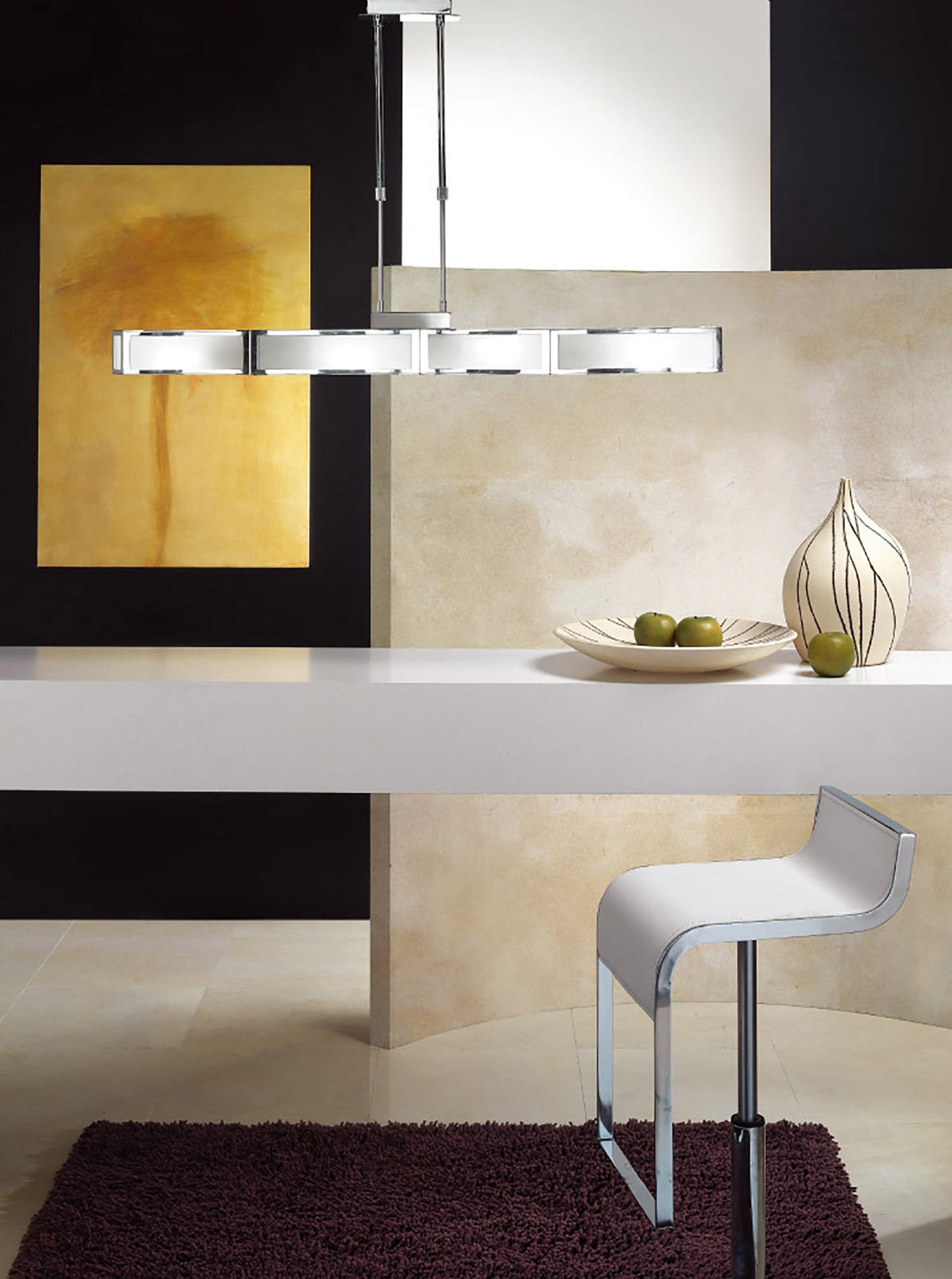 Duna E27 Linear Pendant 4 Light E27 Bar, Polished Chrome, White Acrylic, CFL Lamps INCLUDED by Mantra