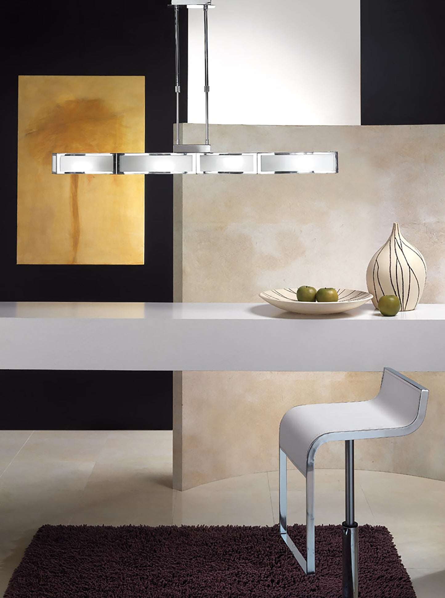 Duna GU10 Linear Pendant 4 Light L1, SGU10 Bar, Polished Chrome, White Acrylic, CFL Lamps INCLUDED by Mantra