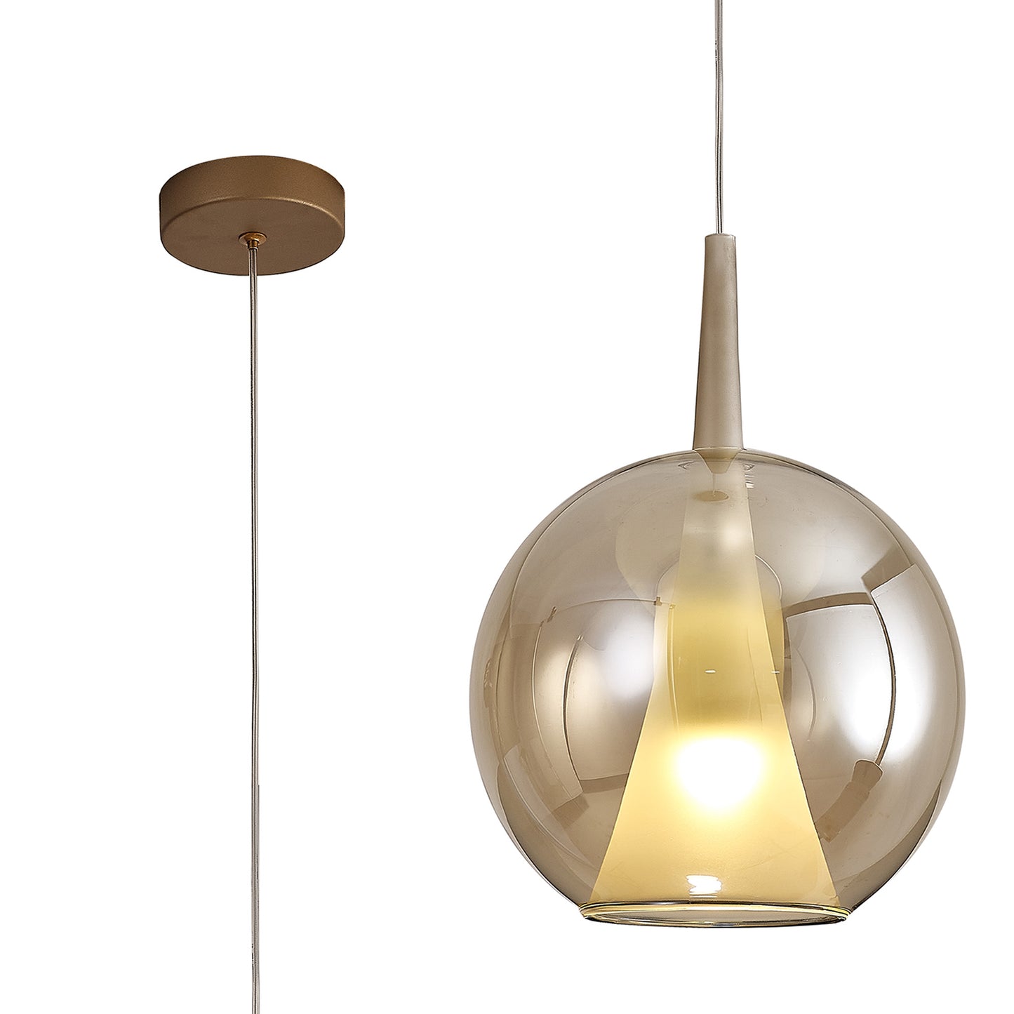 Elsa Pendant With Round Shade, 1 Light E27, Bronze Glass With Frosted Inner Cone by Mantra