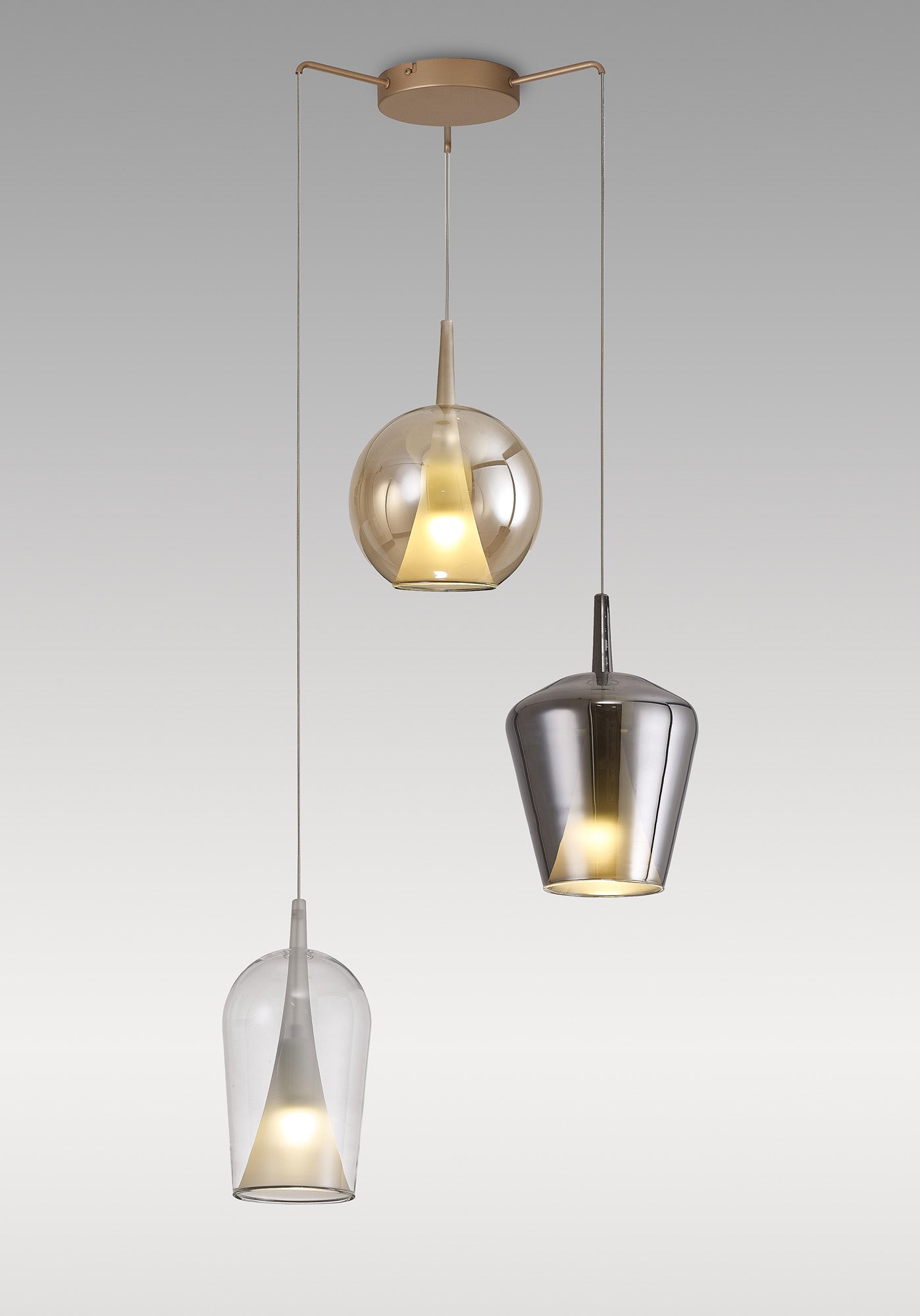 Elsa Pendant With Mixed Shades, 3 Light E27, Clear/Chrome/Bronze Glass With Frosted Inner Cone, Gold Frame by Mantra