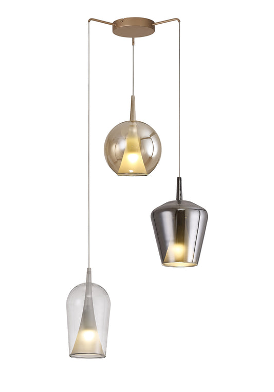 Elsa Pendant With Mixed Shades, 3 Light E27, Clear/Chrome/Bronze Glass With Frosted Inner Cone, Gold Frame by Mantra