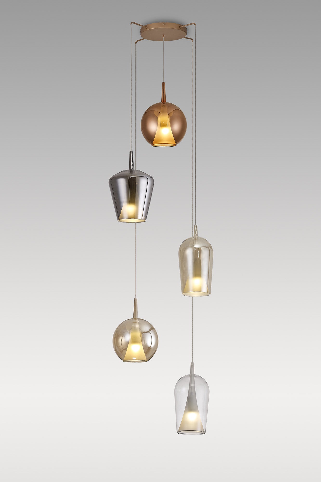 Elsa Pendant With Mixed Shades, 5 Light E27, Clear/Chrome/Bronze/Copper Glass With Frosted Inner Cone, Gold Frame by Mantra