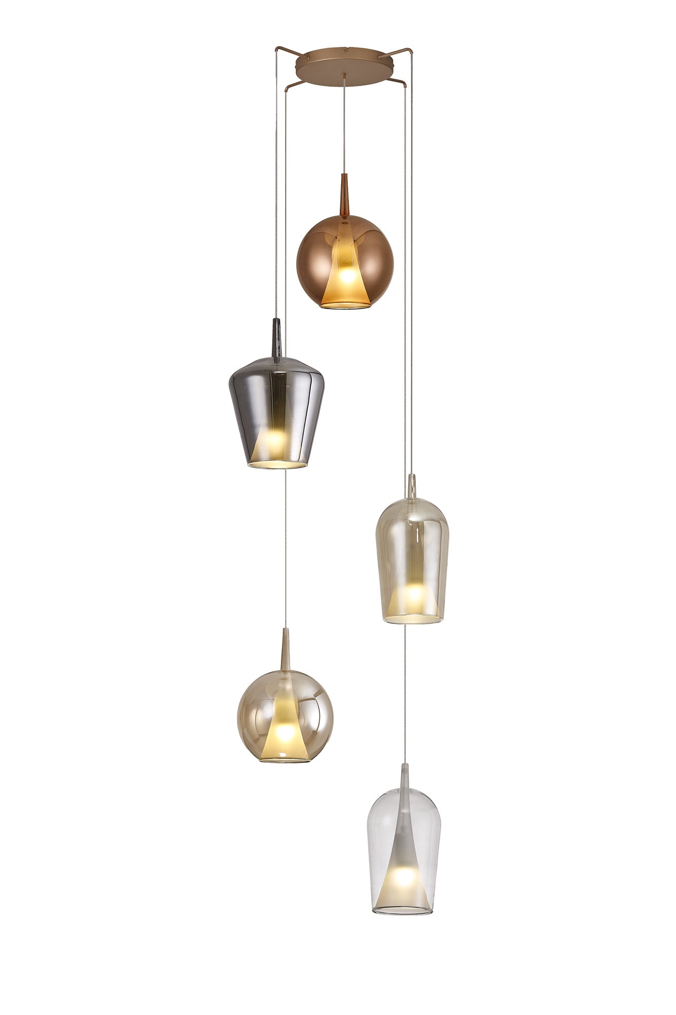 Elsa Pendant With Mixed Shades, 5 Light E27, Clear/Chrome/Bronze/Copper Glass With Frosted Inner Cone, Gold Frame by Mantra