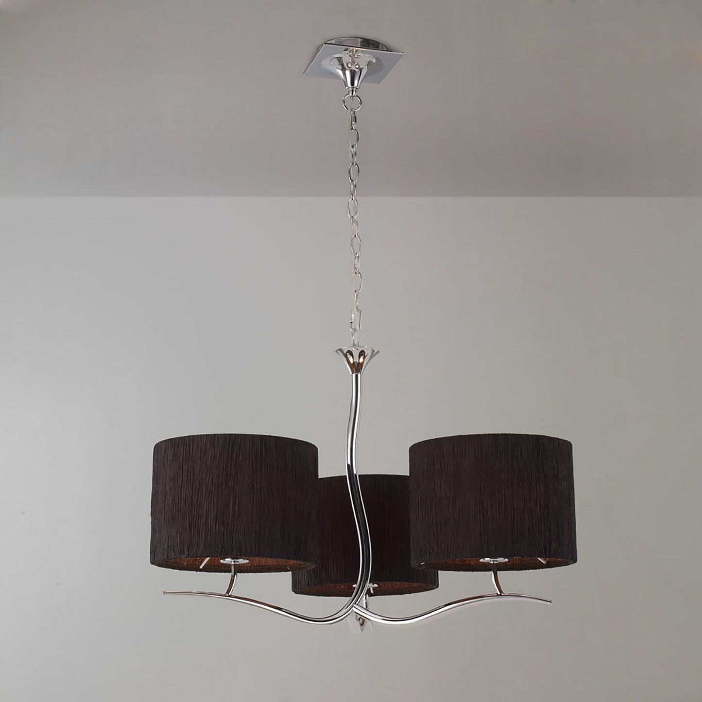 Eve Pendant 3 Light E27, Polished Chrome With Black Round Shades by Mantra