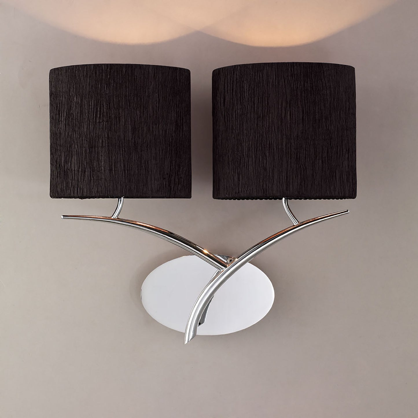 Eve Wall Lamp Switched 2 Light E27, Polished Chrome With White Oval Shades by Mantra