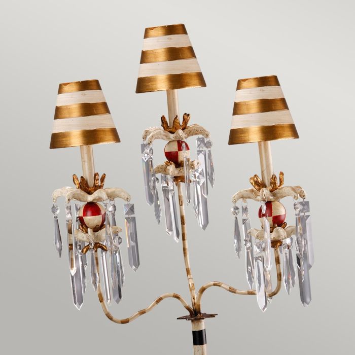 Birdland 3 Arm Table Lamp - Cream & Gold with Cream and Gold Striped Shade
