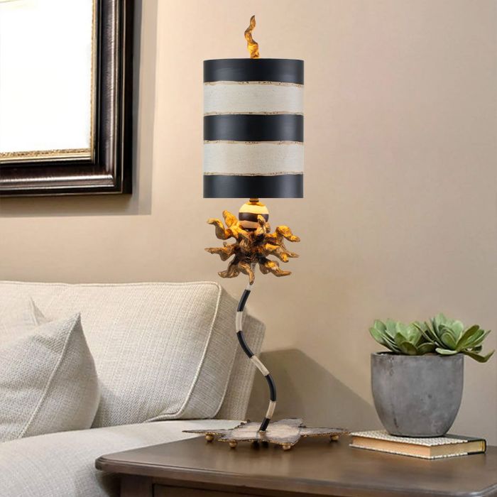 Dominique 1 Light Table Lamp - Gold Leaf, Black with Black and Cream Striped Shade