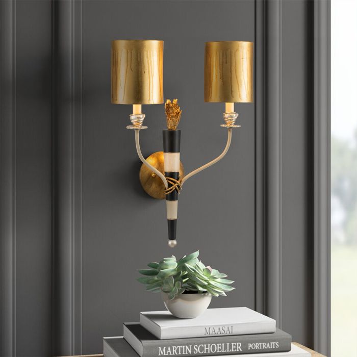Flambeau 2 Light Wall Light - Gold and Black with Parchment Shades