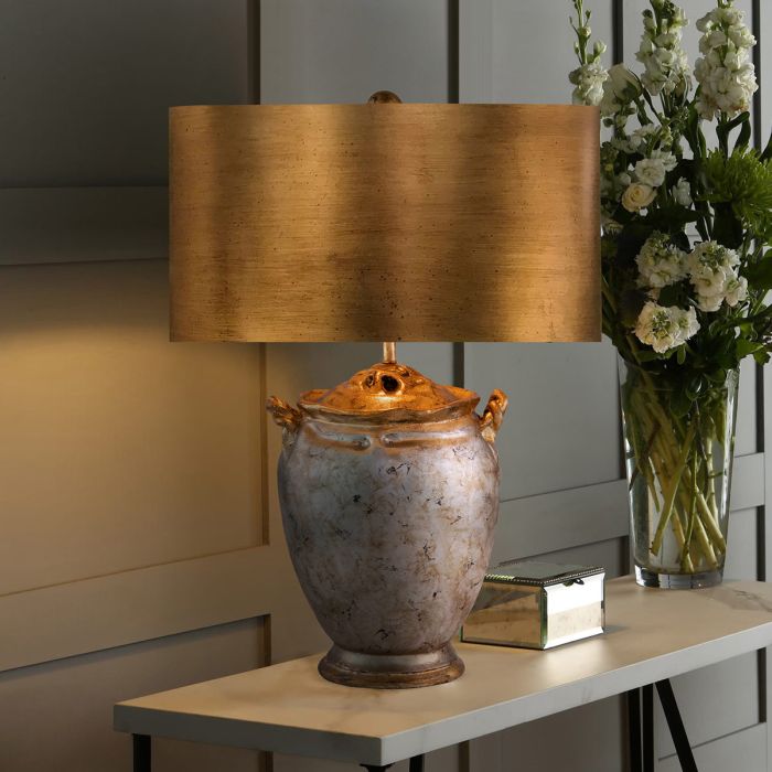 Jackson 1lt Table Lamp - Antiqued Silver with Gold Leaf Accents with Distressed Gold Shade