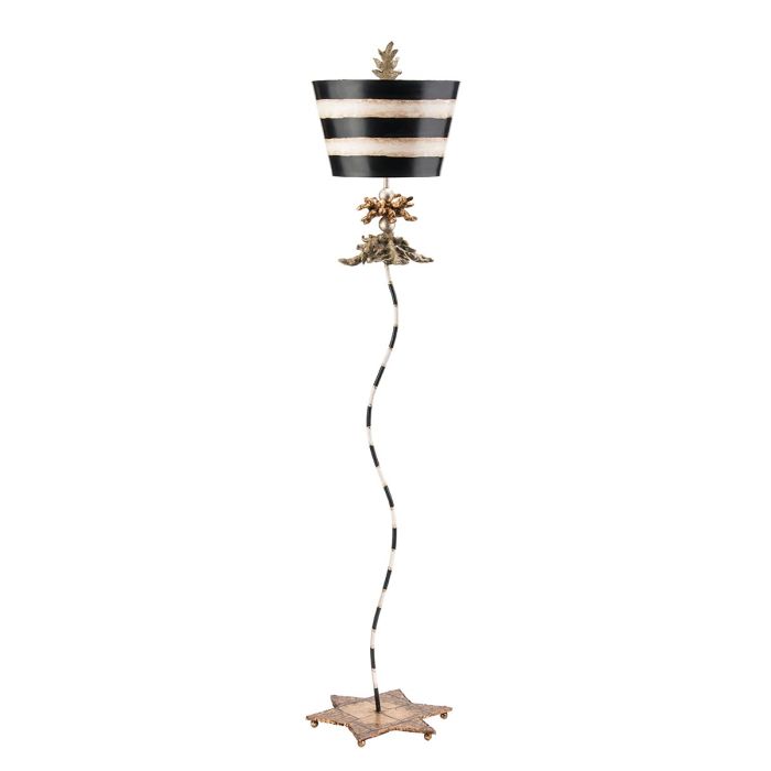 South Beach 1 Light -Floor Lamp - Black, Putty & Gold Leaf with Black and Cream Striped Shade