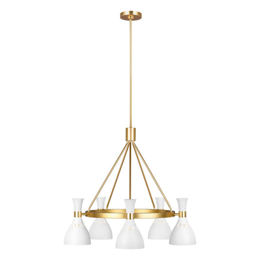 Joan 5 Light Chandelier – Matte White & Burnished Brass