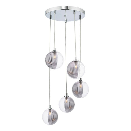 Federico 5 Light Cluster Pendant Polished Chrome & Smoked/Clear Ribbed Glass