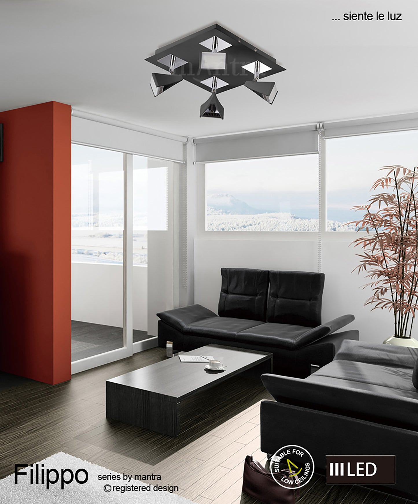 Filippo Spot Light 4 Light LED Square 20W 3000K, 1750lm, Matt Black/Polished Chrome, 3yrs Warranty by Mantra