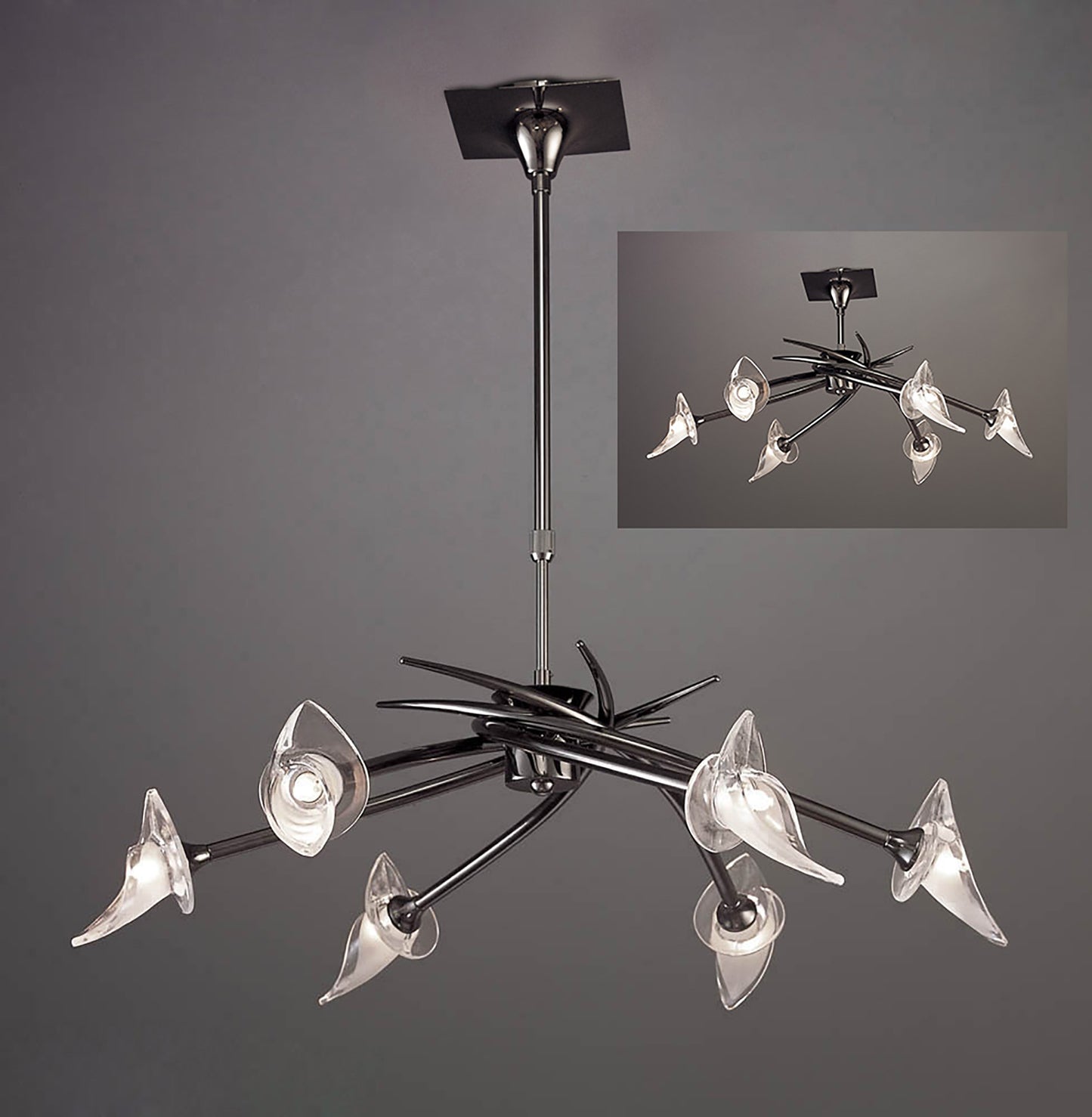 Flavia Telescopic Pendant Convertible To Semi Flush Round 6 Light G9, Black Chrome by Mantra