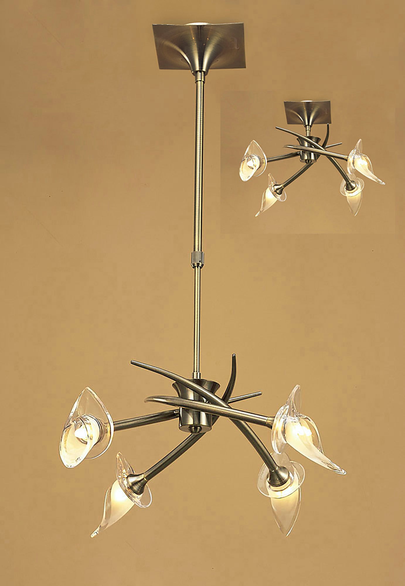 Flavia Telescopic Pendant Convertible To Semi Flush Round 4 Light G9, Antique Brass by Mantra