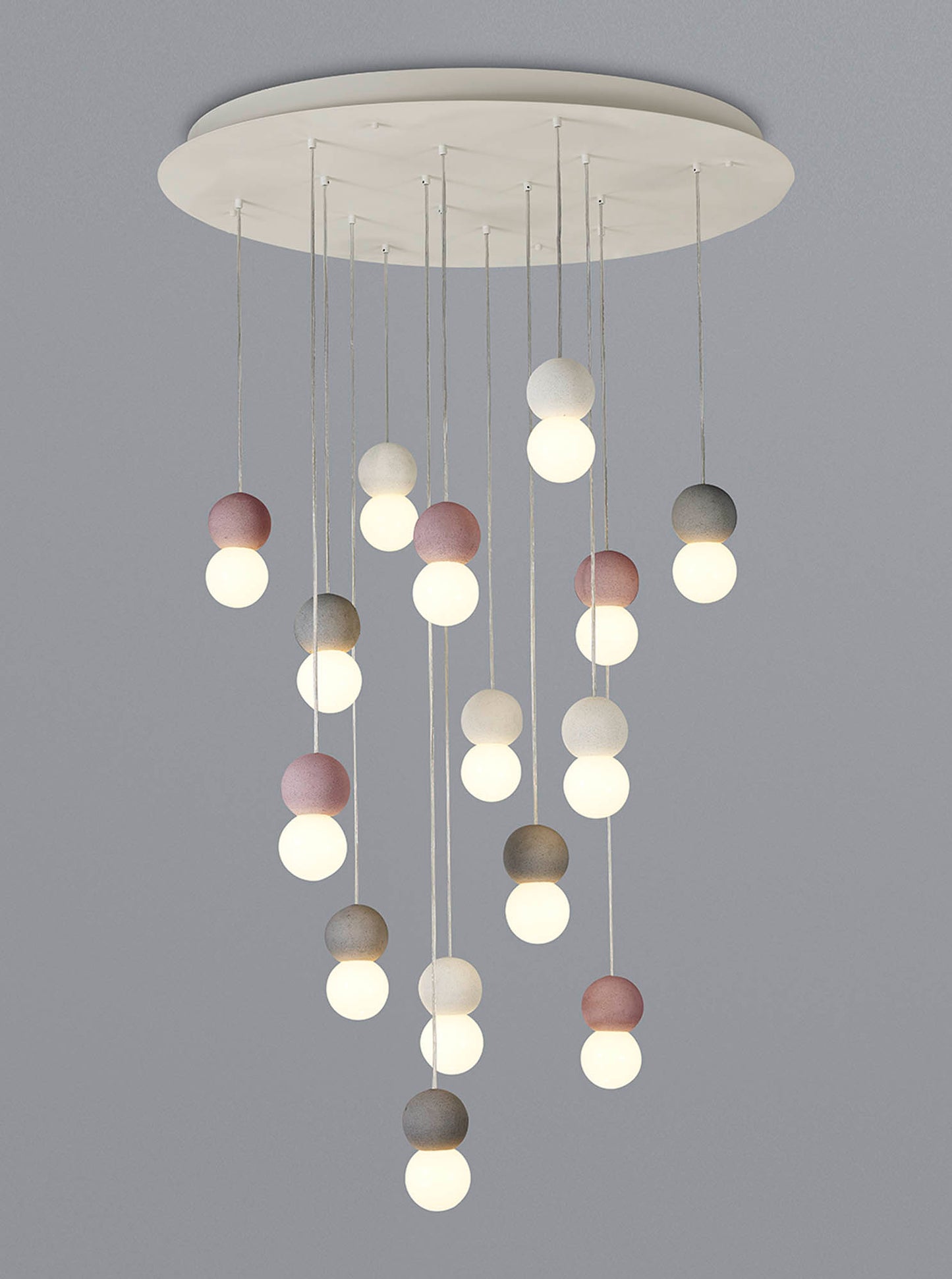 Galaxia Pendant Round, 15 Light E27, White/Grey/Red Cement, White Base & Cable, Item Weight: 22kg by Mantra