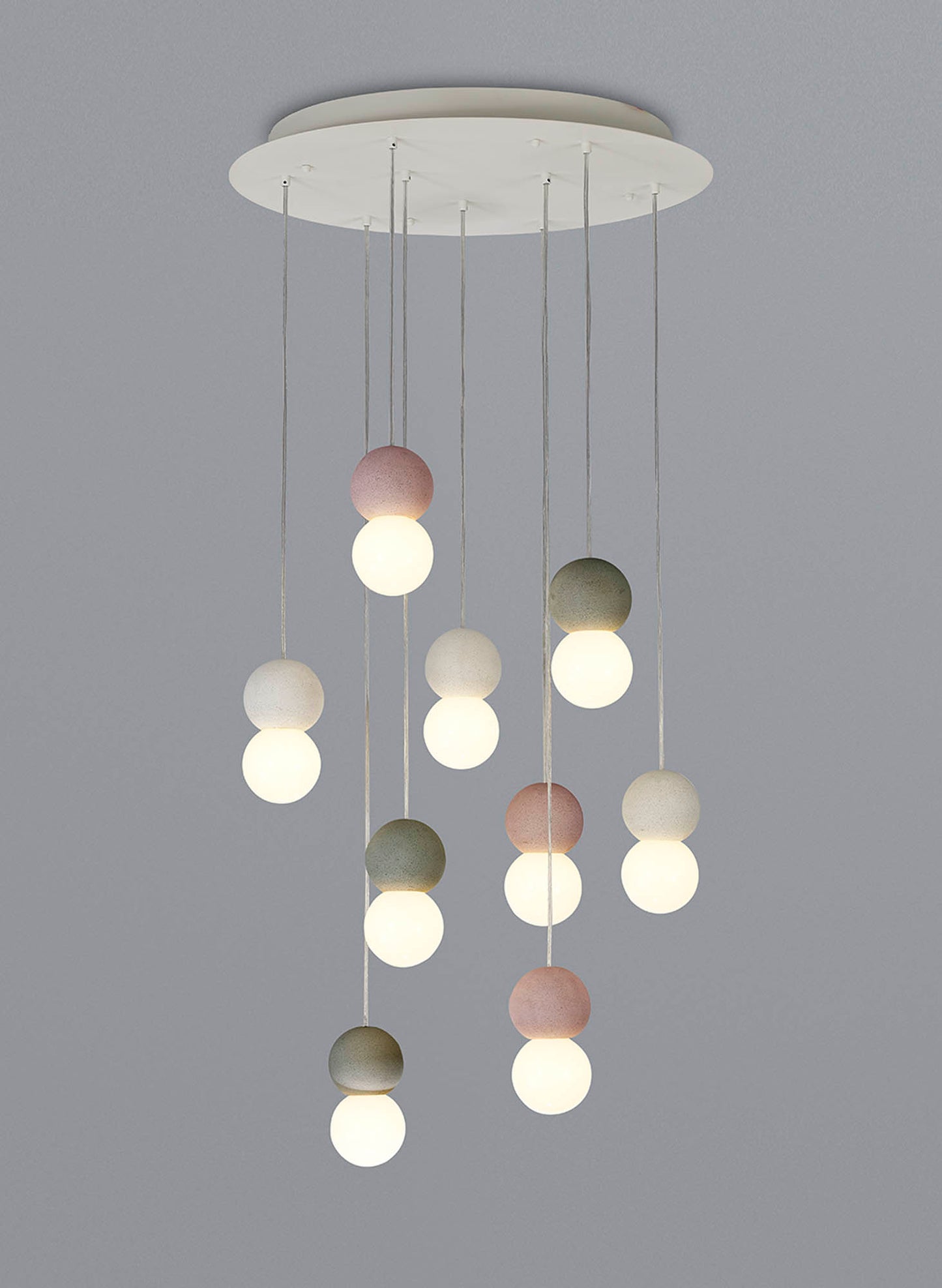 Galaxia Pendant Round, 9 Light E27, White/Grey/Red Cement, White Base & Cable by Mantra