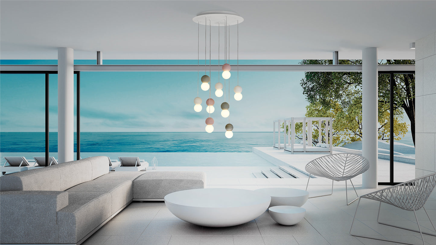 Galaxia Pendant Round, 9 Light E27, White/Grey/Red Cement, White Base & Cable by Mantra