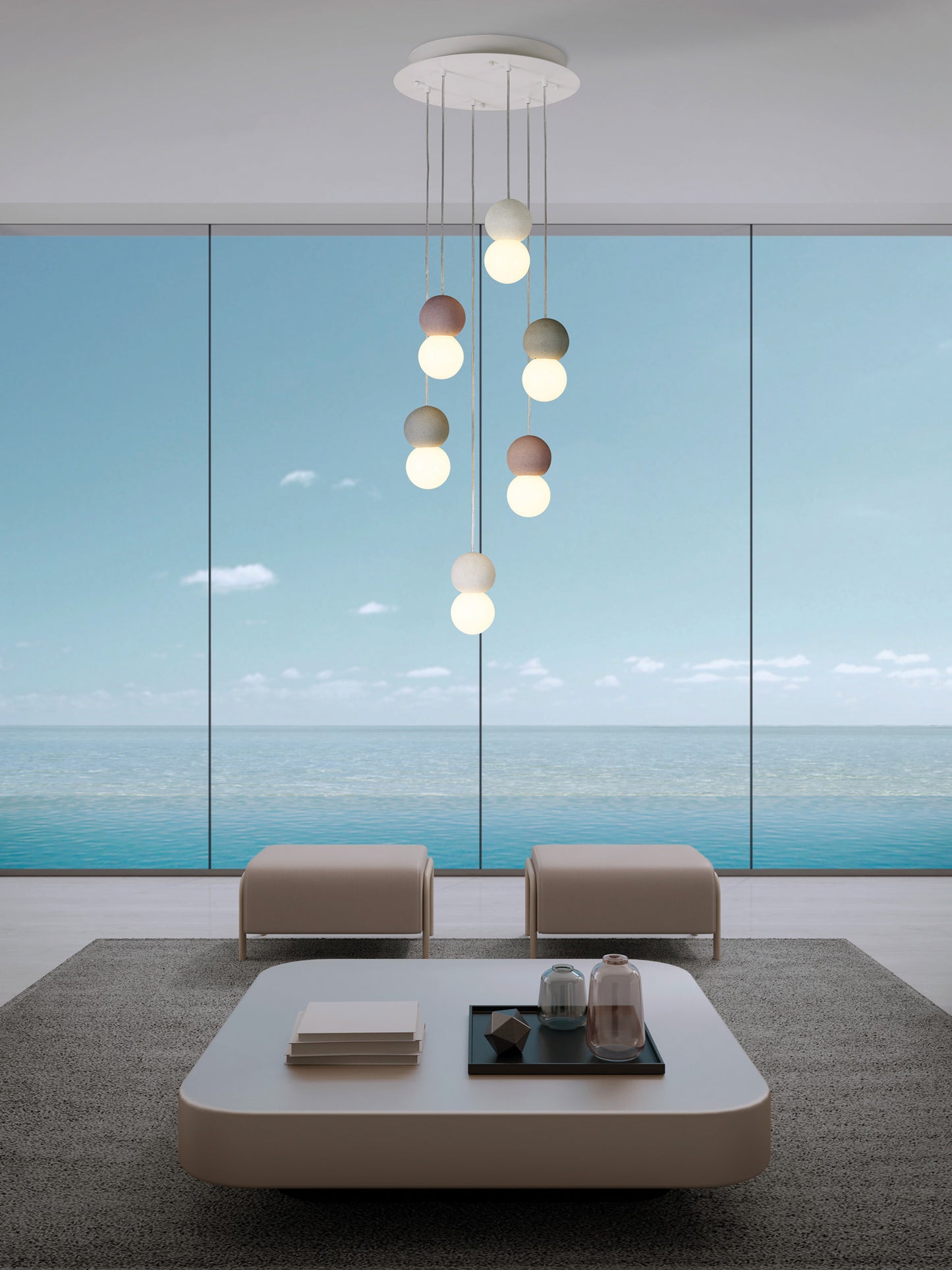 Galaxia Pendant Round, 9 Light E27, White/Grey/Red Cement, White Base & Cable by Mantra